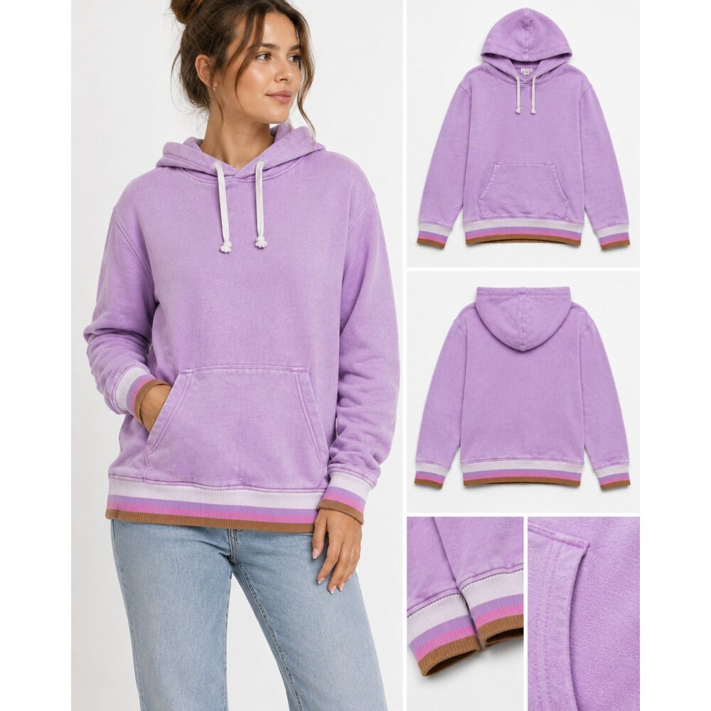 J.Crew Women’s S Lavender Fleece Pullover Hoodie Striped Trim Purple